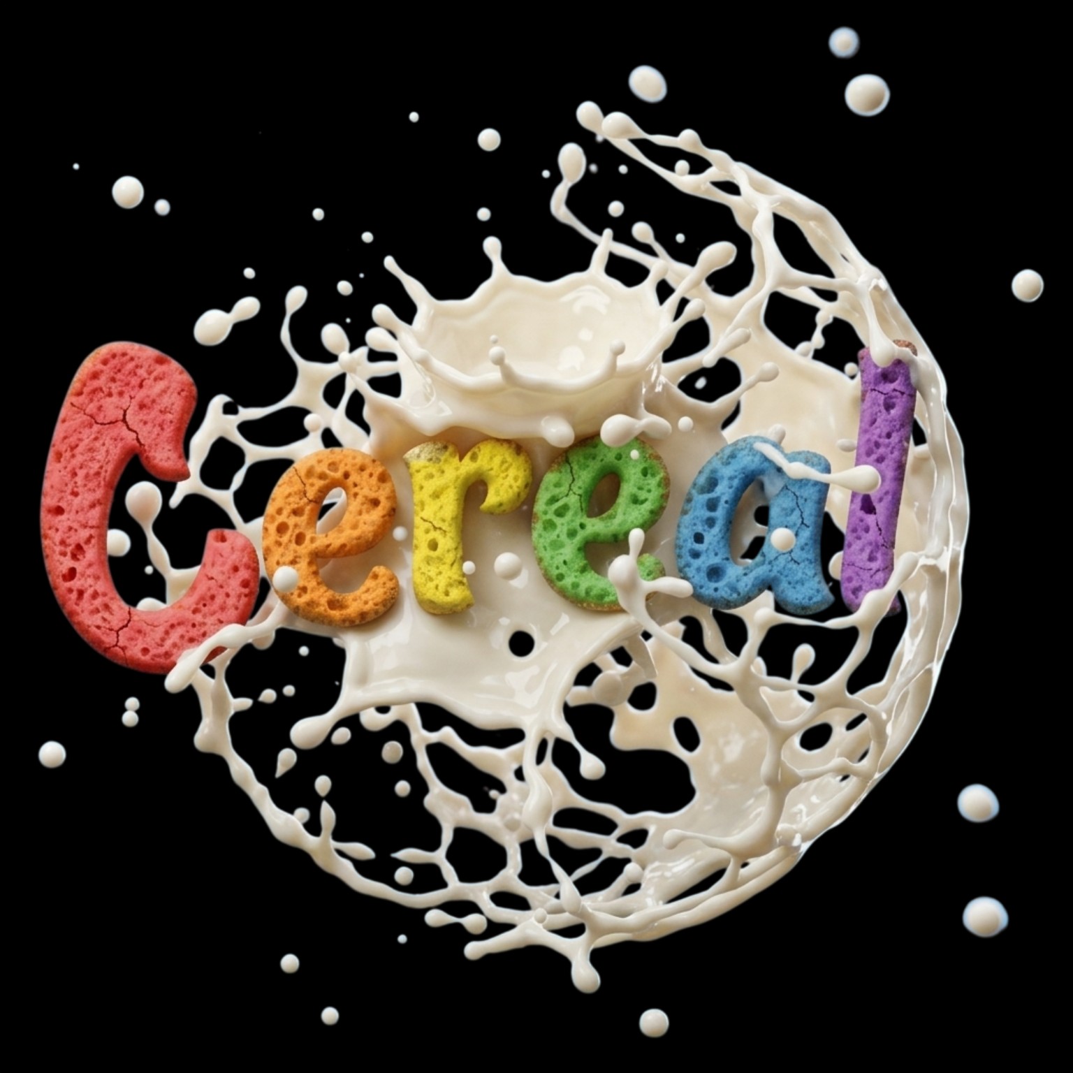 Colorful Cereal logo surrounded by a milk splash